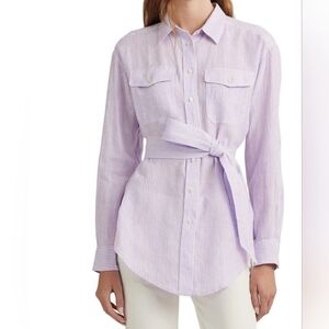 Lauren Ralph Lauren Women's M Striped Belted Linen Shirt Purple White Roll Tab